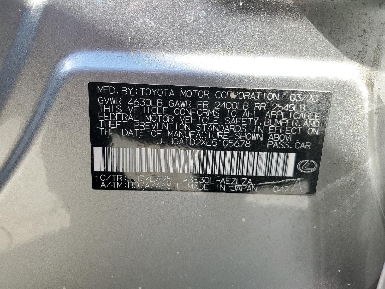 2020 Lexus Is 300 F Sport VIN: JTHGA1D2XL5105678 Lot: 87093055