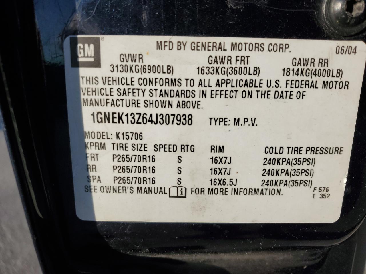 2004 Chevrolet Tahoe K1500 VIN: 1GNEK13Z64J307938 Lot: 90448295