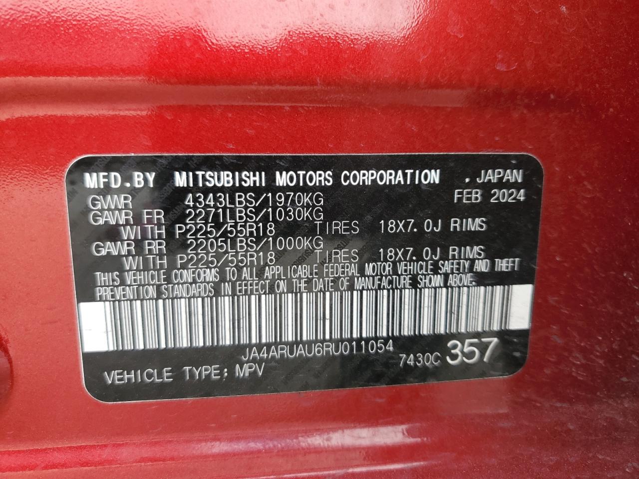 2024 Mitsubishi Outlander Sport S/Se VIN: JA4ARUAU6RU011054 Lot: 82645955