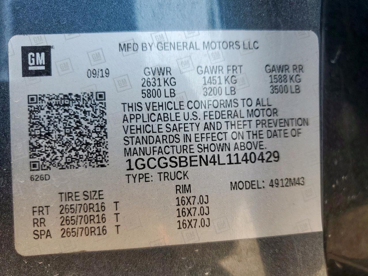 2020 Chevrolet Colorado VIN: 1GCGSBEN4L1140429 Lot: 84035165