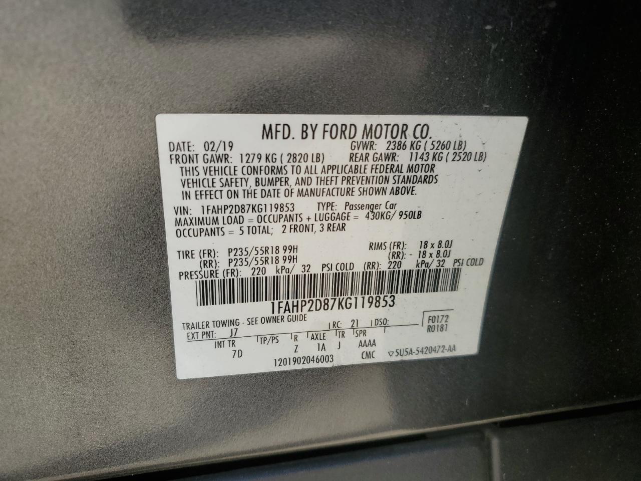 2019 Ford Taurus Se VIN: 1FAHP2D87KG119853 Lot: 86293215