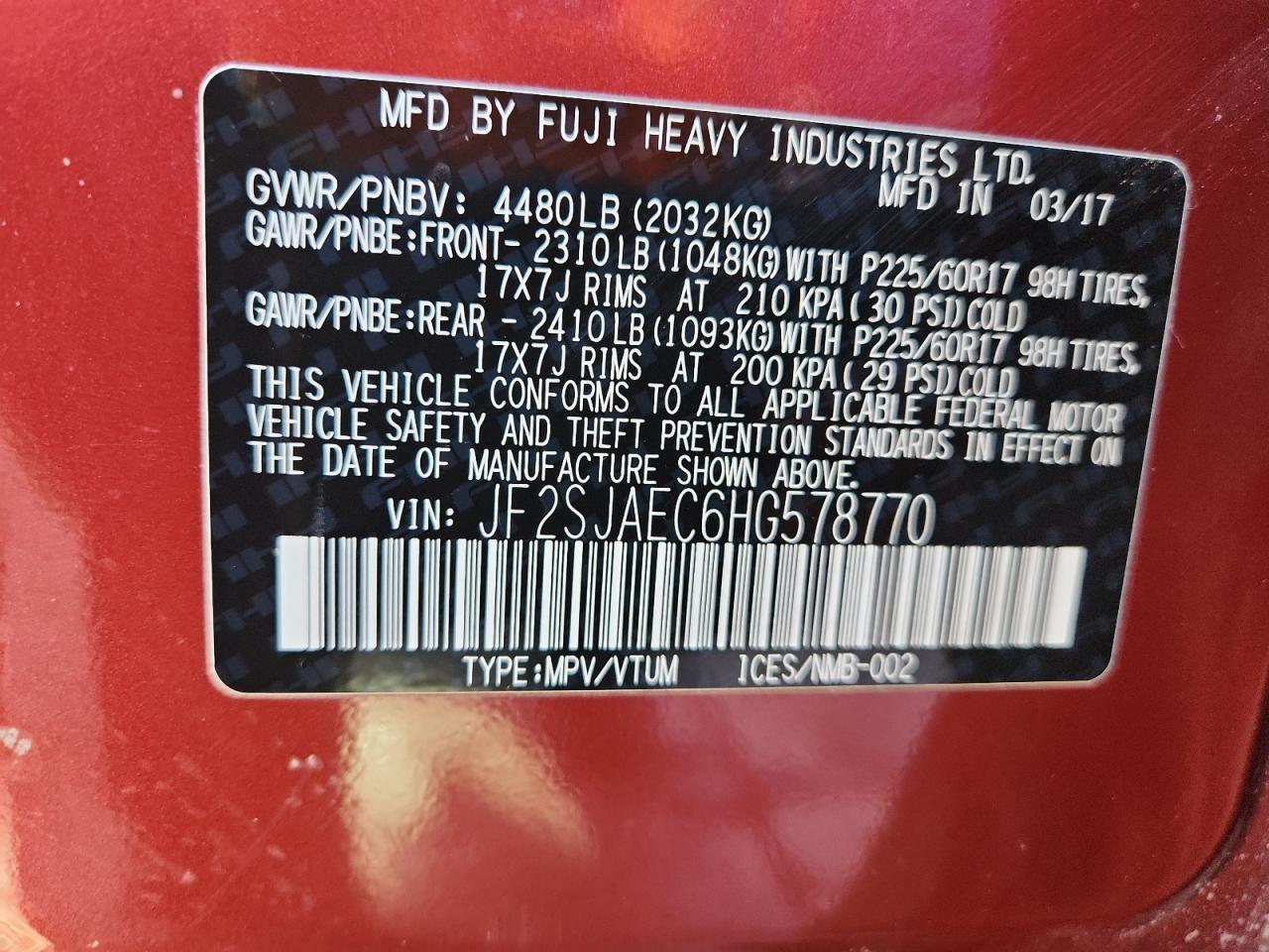 2017 Subaru Forester 2.5I Premium VIN: JF2SJAEC6HG578770 Lot: 85400485