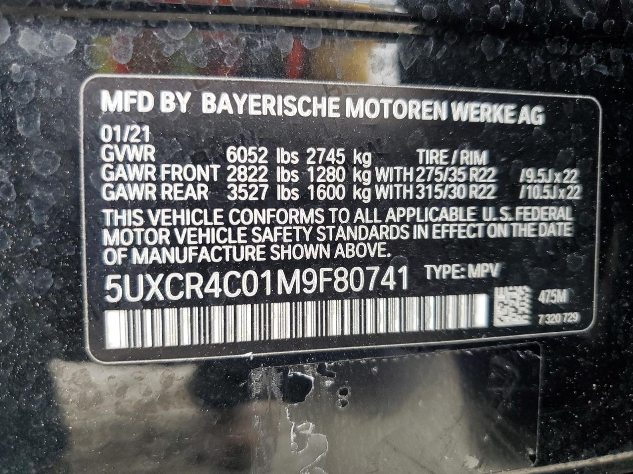 2021 BMW X5 Sdrive 40I VIN: 5UXCR4C01M9F80741 Lot: 85320285