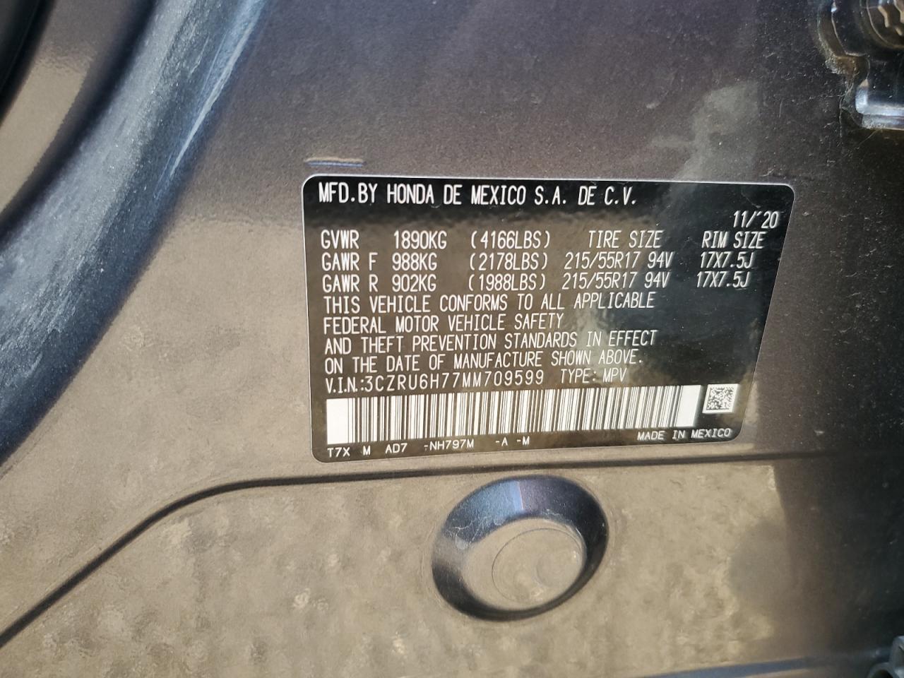 2021 Honda Hr-V Exl VIN: 3CZRU6H77MM709599 Lot: 84037715