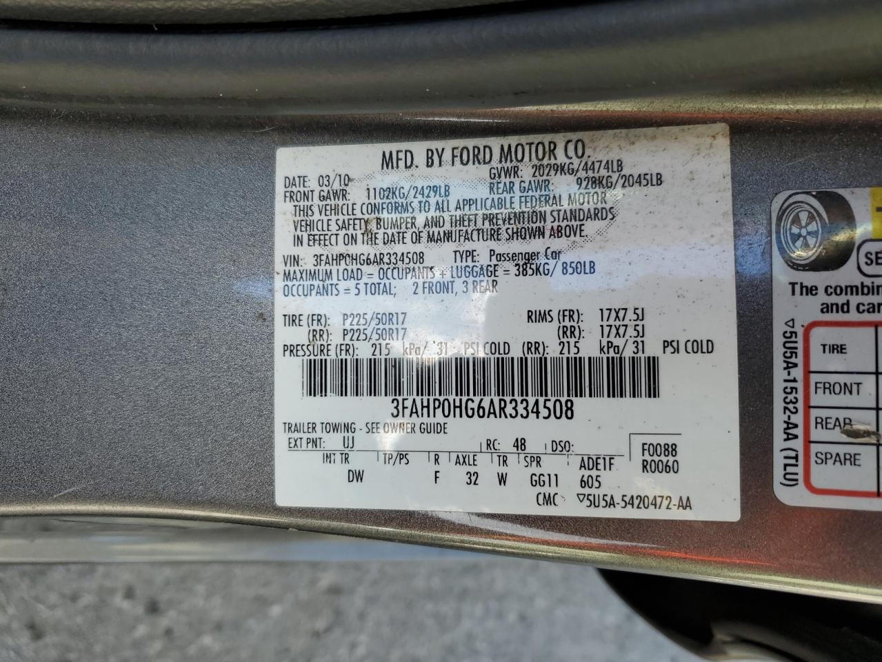 2010 Ford Fusion Se VIN: 3FAHP0HG6AR334508 Lot: 82355755