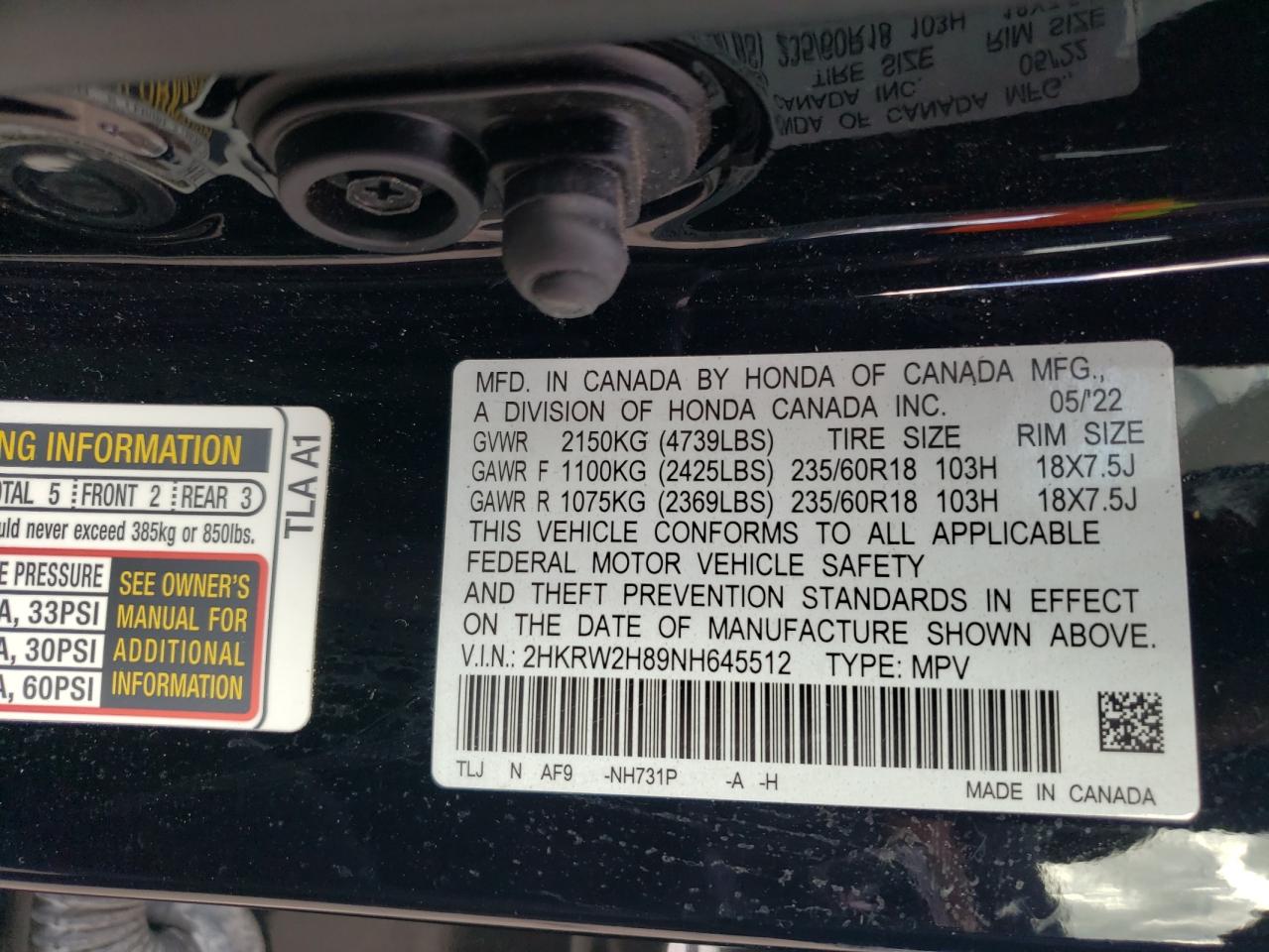 2022 Honda Cr-V Exl VIN: 2HKRW2H89NH645512 Lot: 86144595