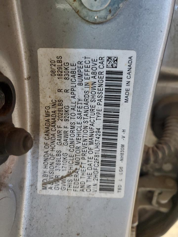 2020 Honda Civic Sport VIN: 2HGFC2F81LH574294 Lot: 82268655