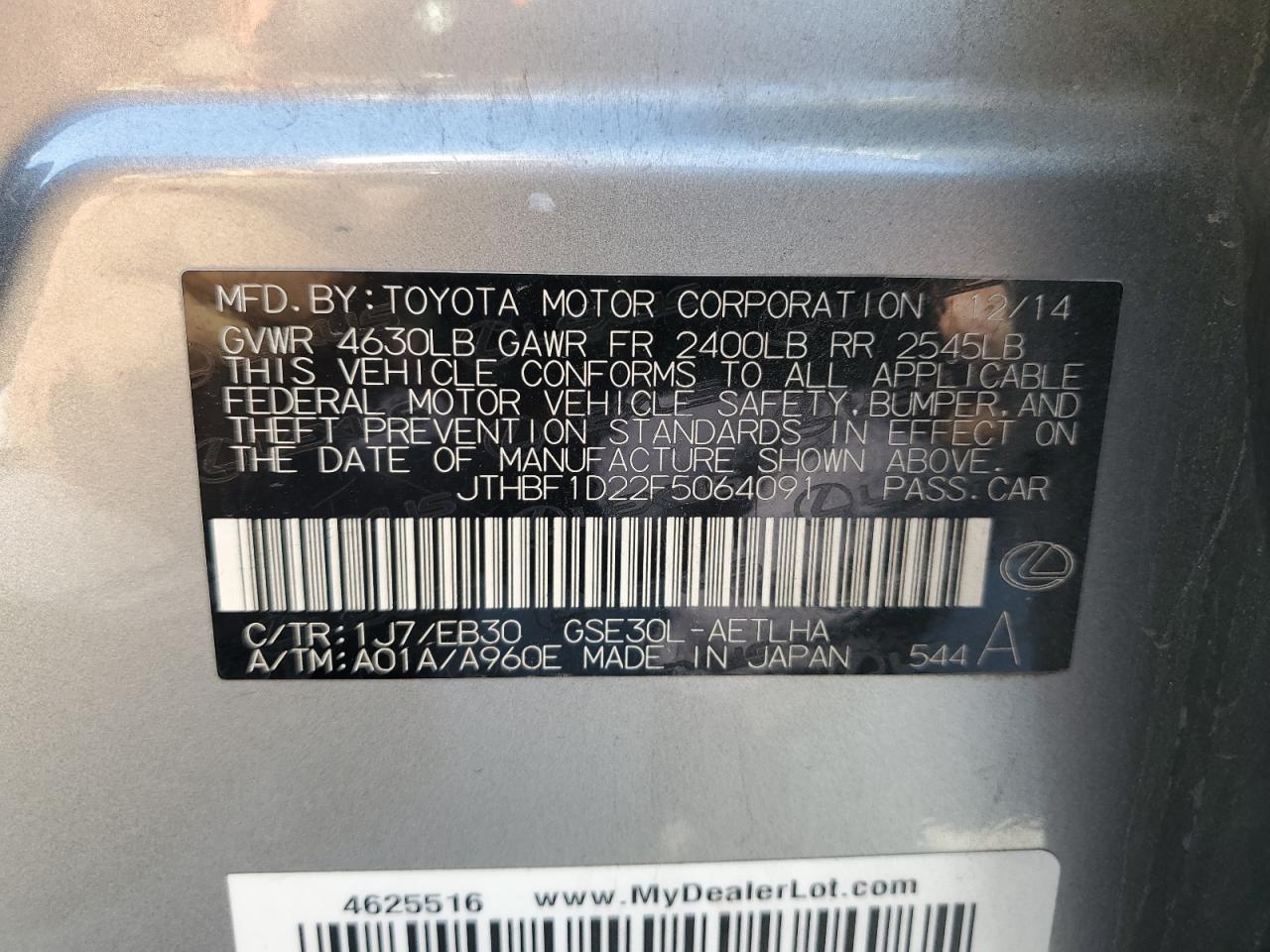 2015 Lexus Is 250 VIN: JTHBF1D22F5064091 Lot: 89466335