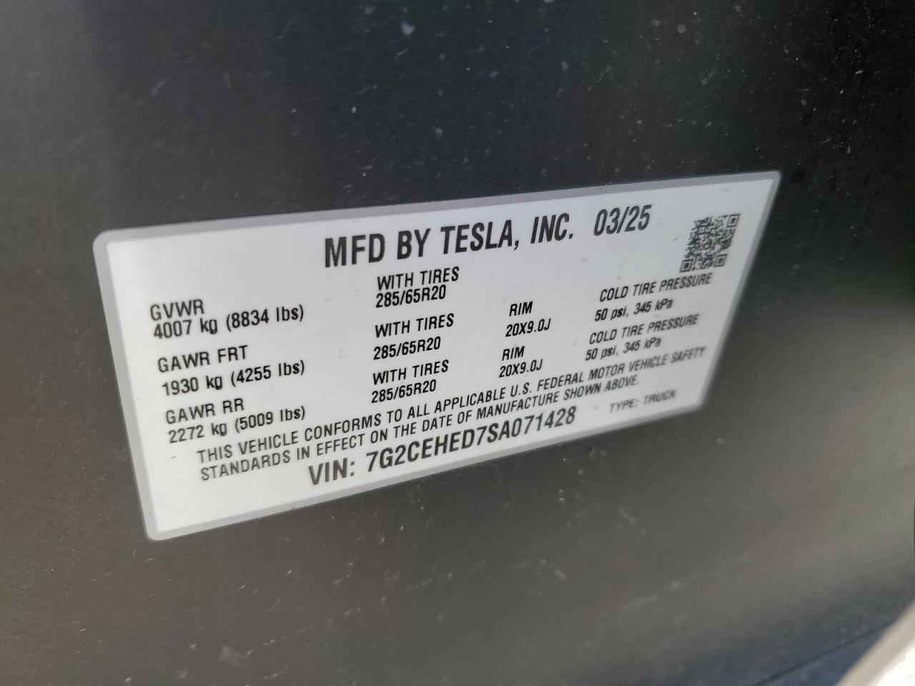 2025 Tesla Cybertruck VIN: 7G2CEHED7SA071428 Lot: 86449095