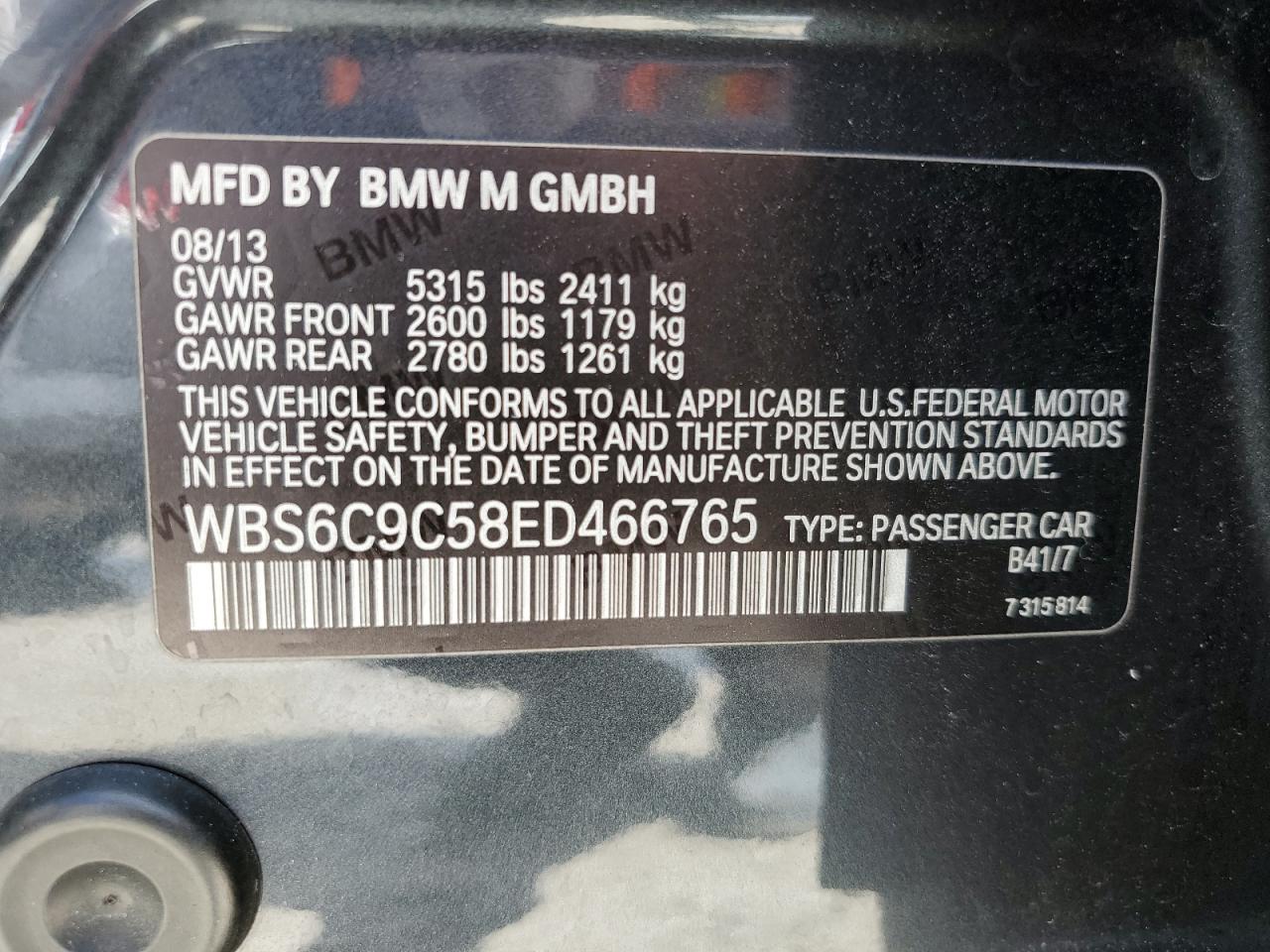 2014 BMW M6 Gran Coupe VIN: WBS6C9C58ED466765 Lot: 82395445