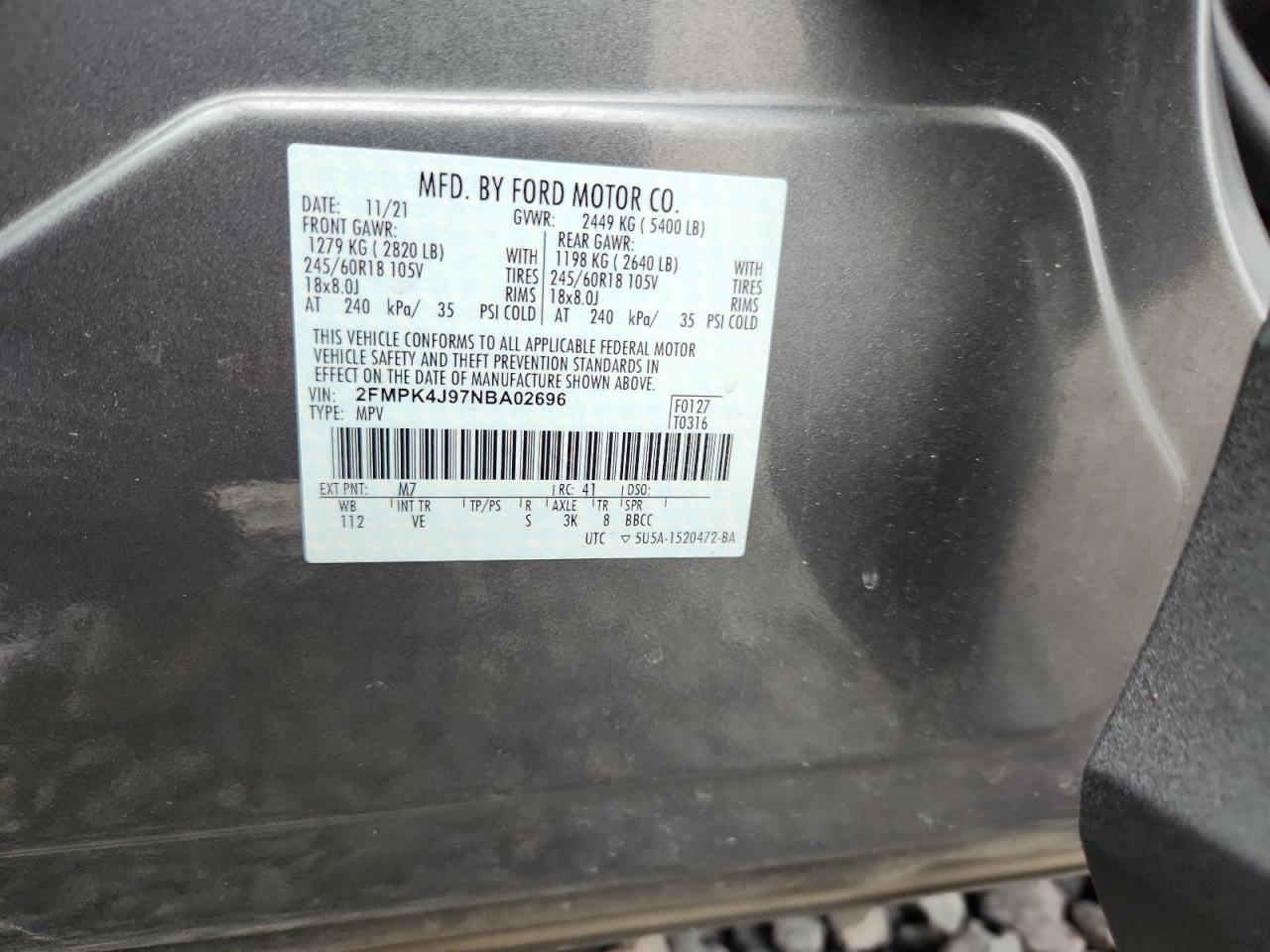 2022 Ford Edge Sel VIN: 2FMPK4J97NBA02696 Lot: 82384745