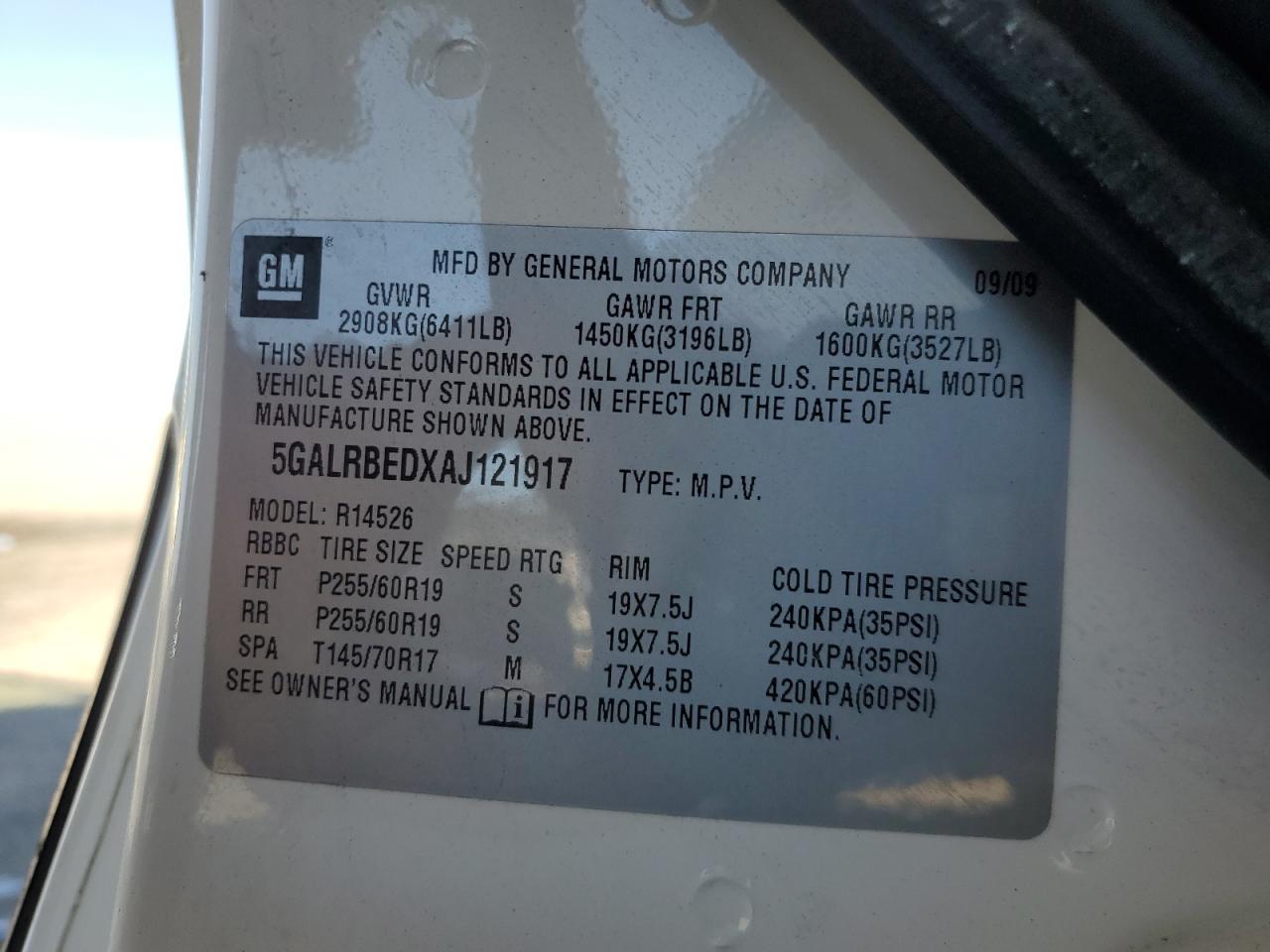 2010 Buick Enclave Cxl VIN: 5GALRBEDXAJ121917 Lot: 86972435