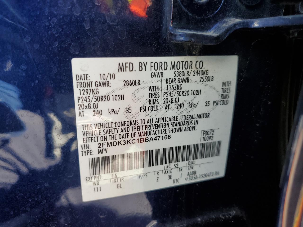 2011 Ford Edge Limited VIN: 2FMDK3KC1BBA47166 Lot: 90613275