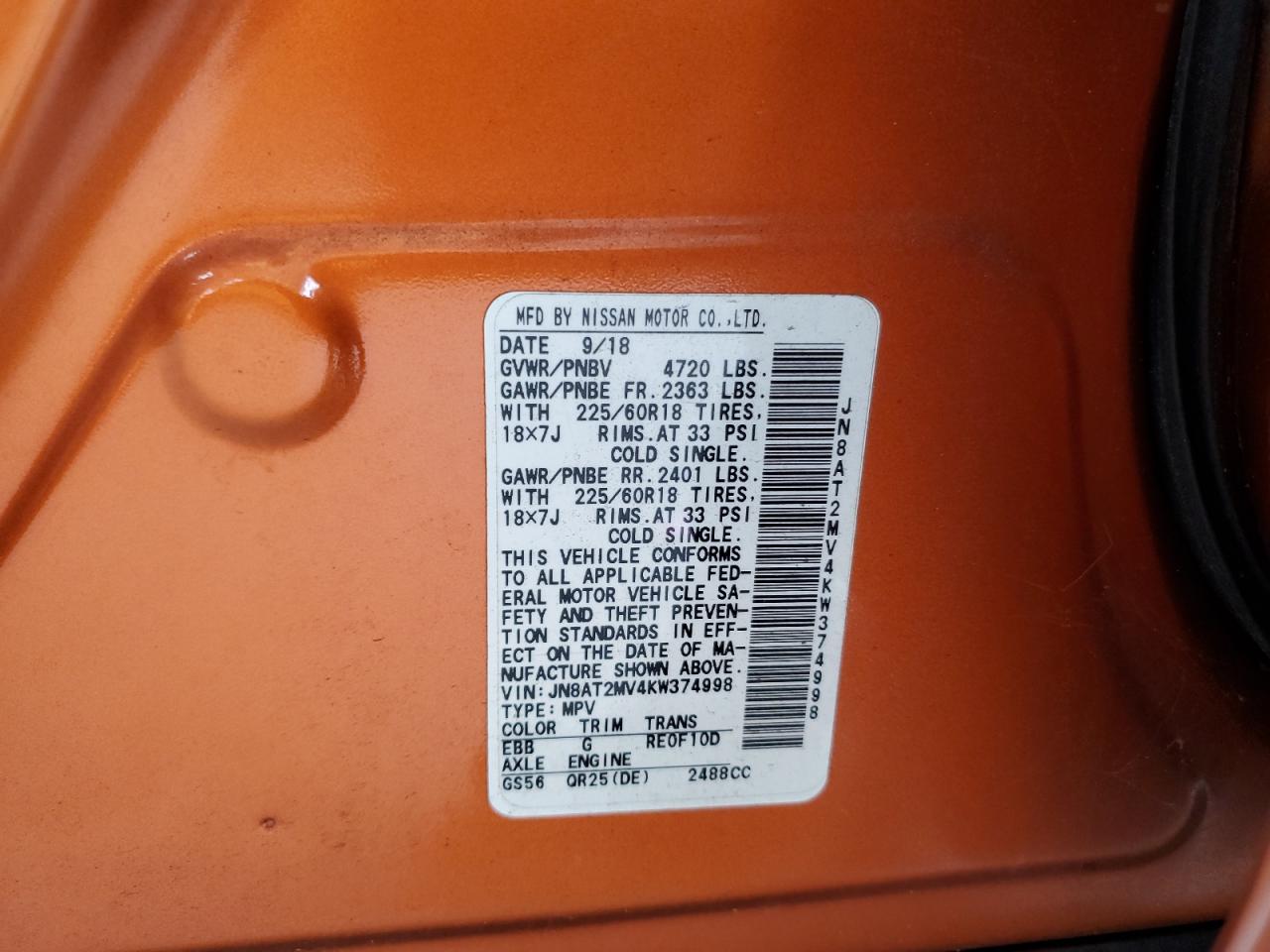 2019 Nissan Rogue S VIN: JN8AT2MV4KW374998 Lot: 85543375