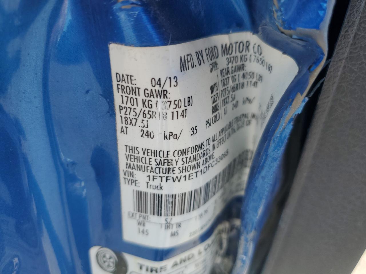 2013 Ford F150 Supercrew VIN: 1FTFW1ET1DFC33065 Lot: 87277435