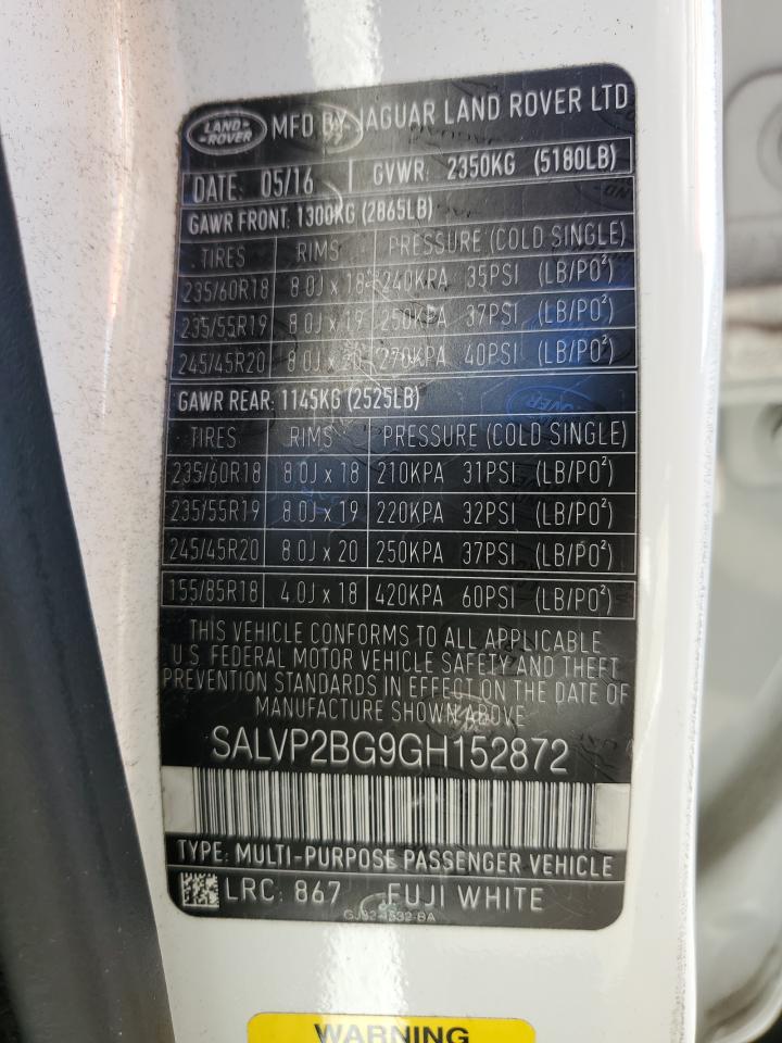 2016 Land Rover Range Rover Evoque Se VIN: SALVP2BG9GH152872 Lot: 85710065