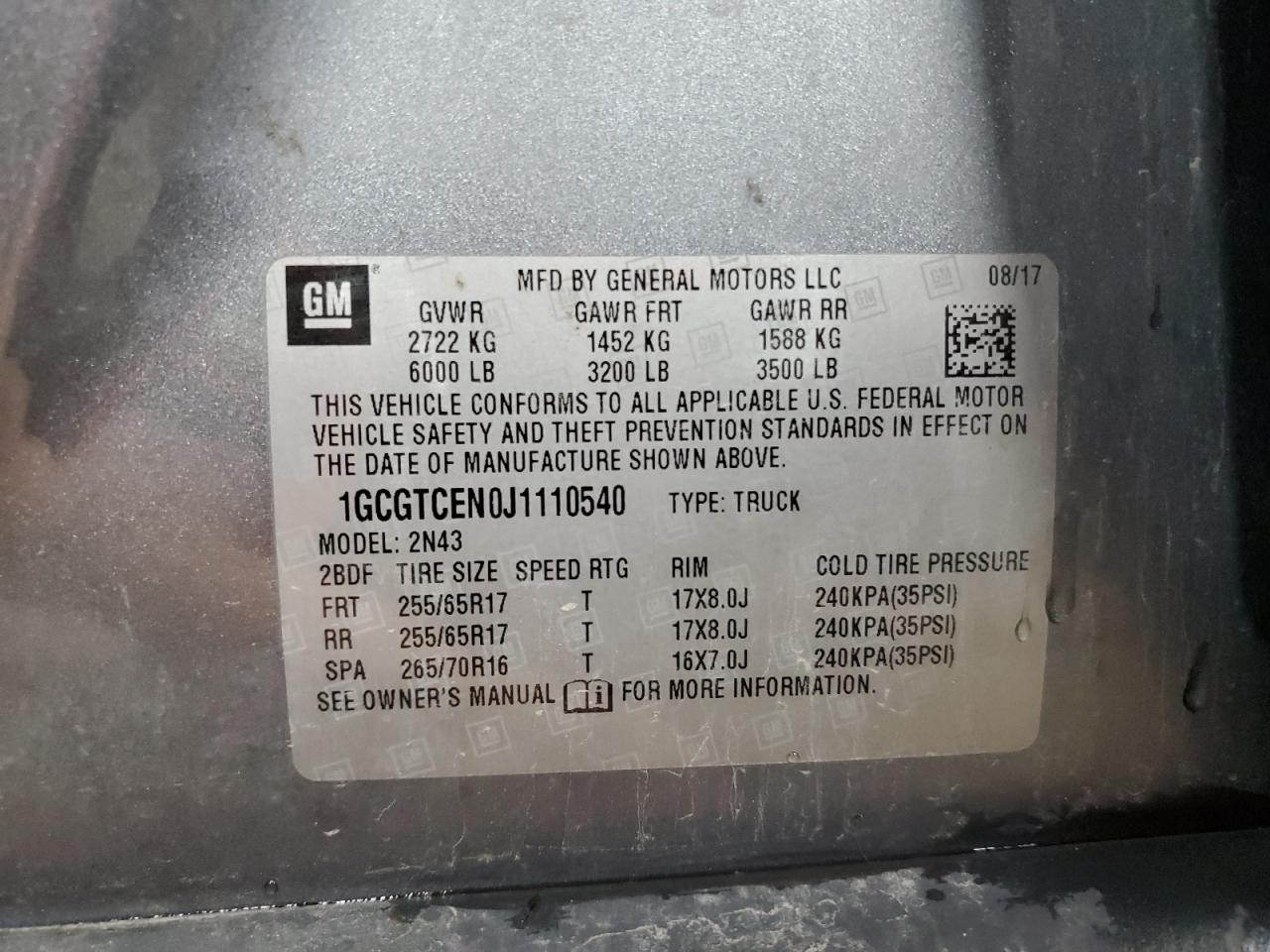 2018 Chevrolet Colorado Lt VIN: 1GCGTCEN0J1110540 Lot: 82648055