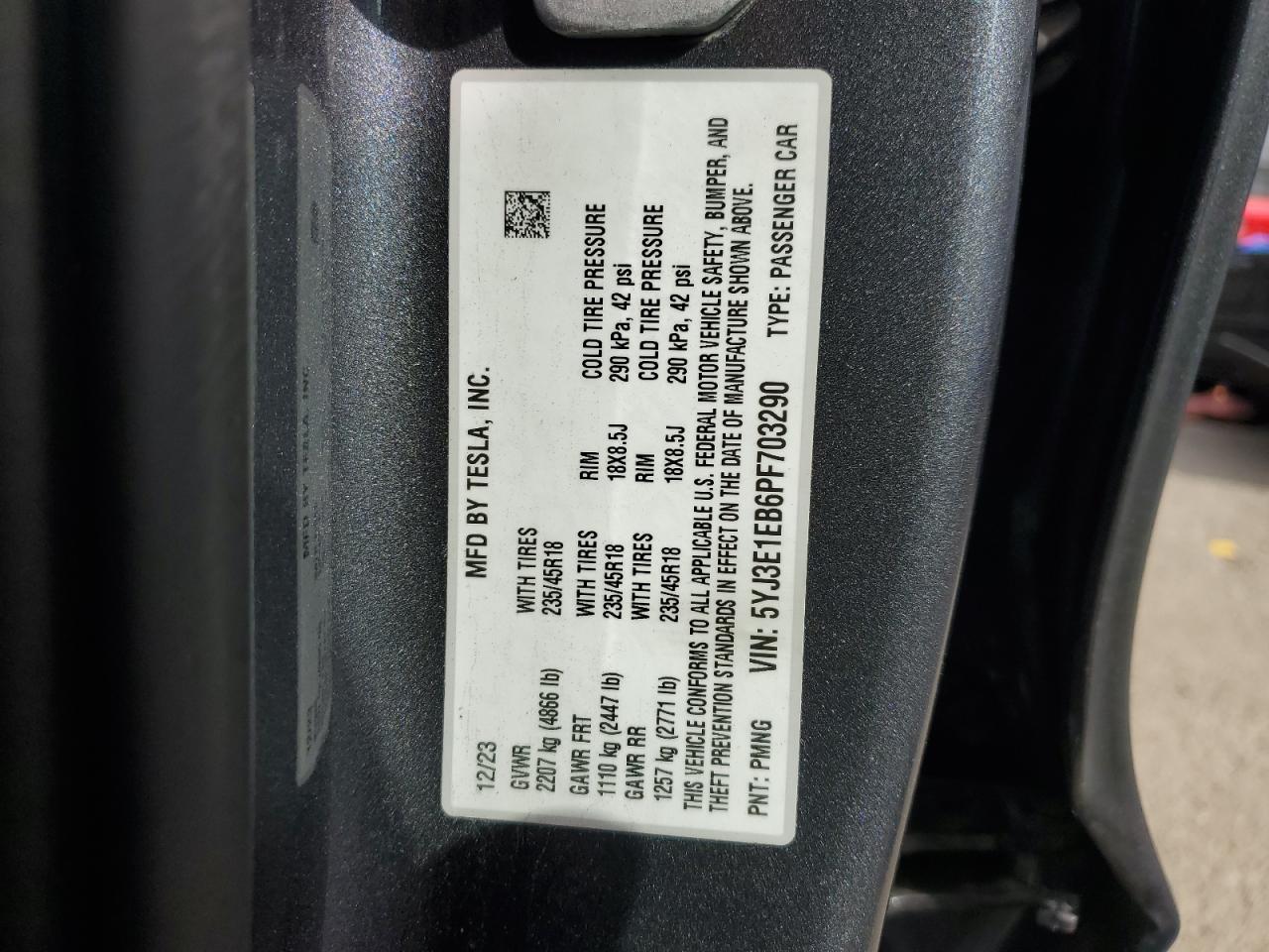 2023 Tesla Model 3 VIN: 5YJ3E1EB6PF703290 Lot: 86406325