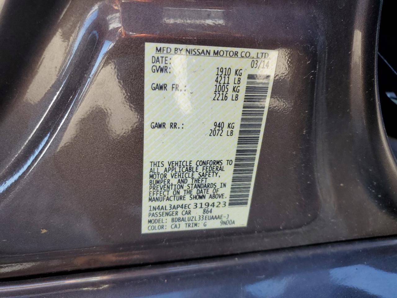 2014 Nissan Altima 2.5 VIN: 1N4AL3AP4EC319423 Lot: 84925145