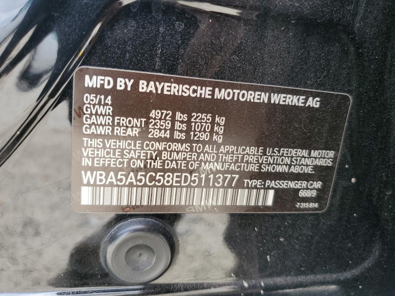 2014 BMW 528 I VIN: WBA5A5C58ED511377 Lot: 84765235