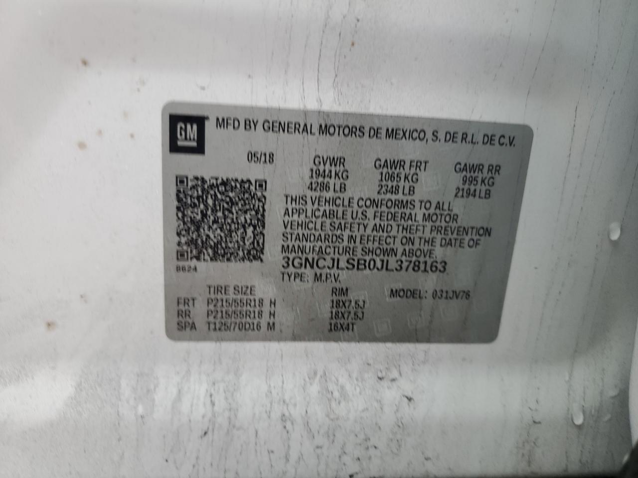 2018 Chevrolet Trax 1Lt VIN: 3GNCJLSB0JL378163 Lot: 90543795