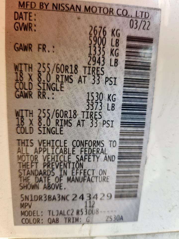 2022 Nissan Pathfinder Sv VIN: 5N1DR3BA3NC243429 Lot: 86315825