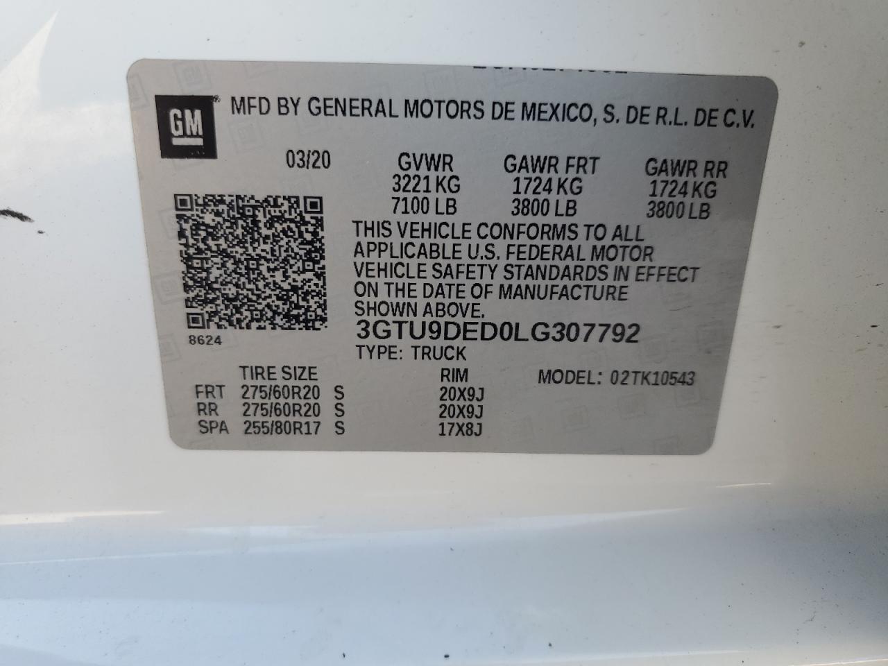 2020 GMC Sierra K1500 Slt VIN: 3GTU9DED0LG307792 Lot: 87012005