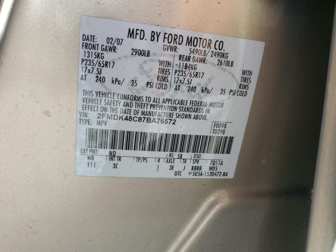 2007 Ford Edge Sel VIN: 2FMDK48C87BA76572 Lot: 86318385