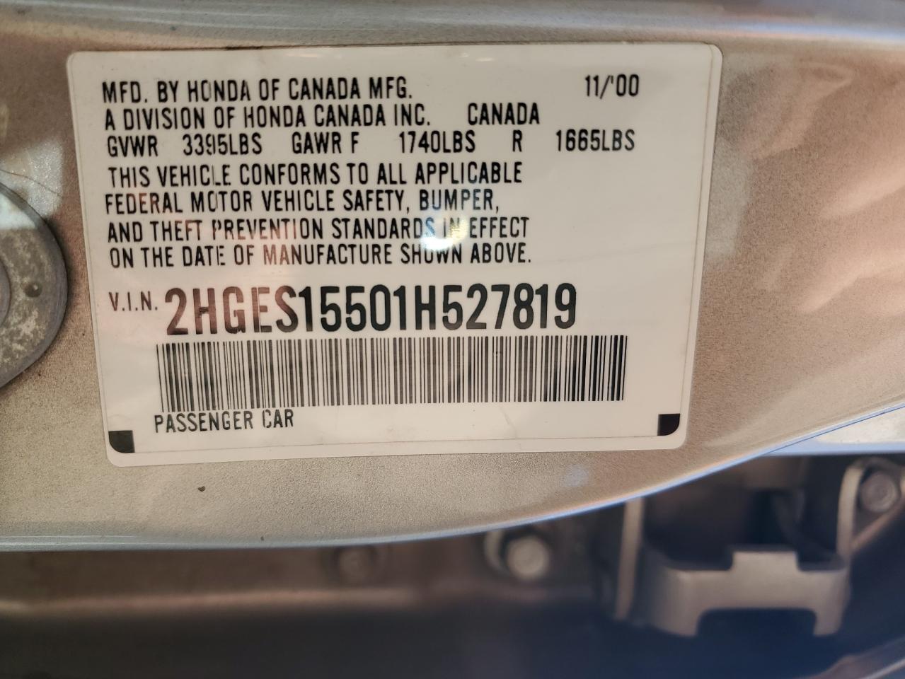 2001 Honda Civic Lx VIN: 2HGES15501H527819 Lot: 85699315