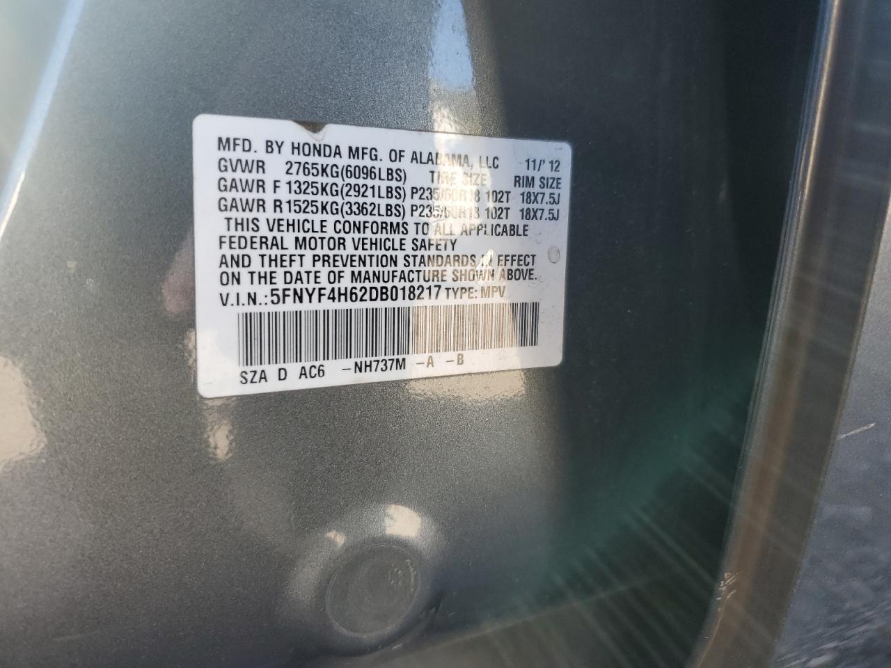 2013 Honda Pilot Exl VIN: 5FNYF4H62DB018217 Lot: 85323835