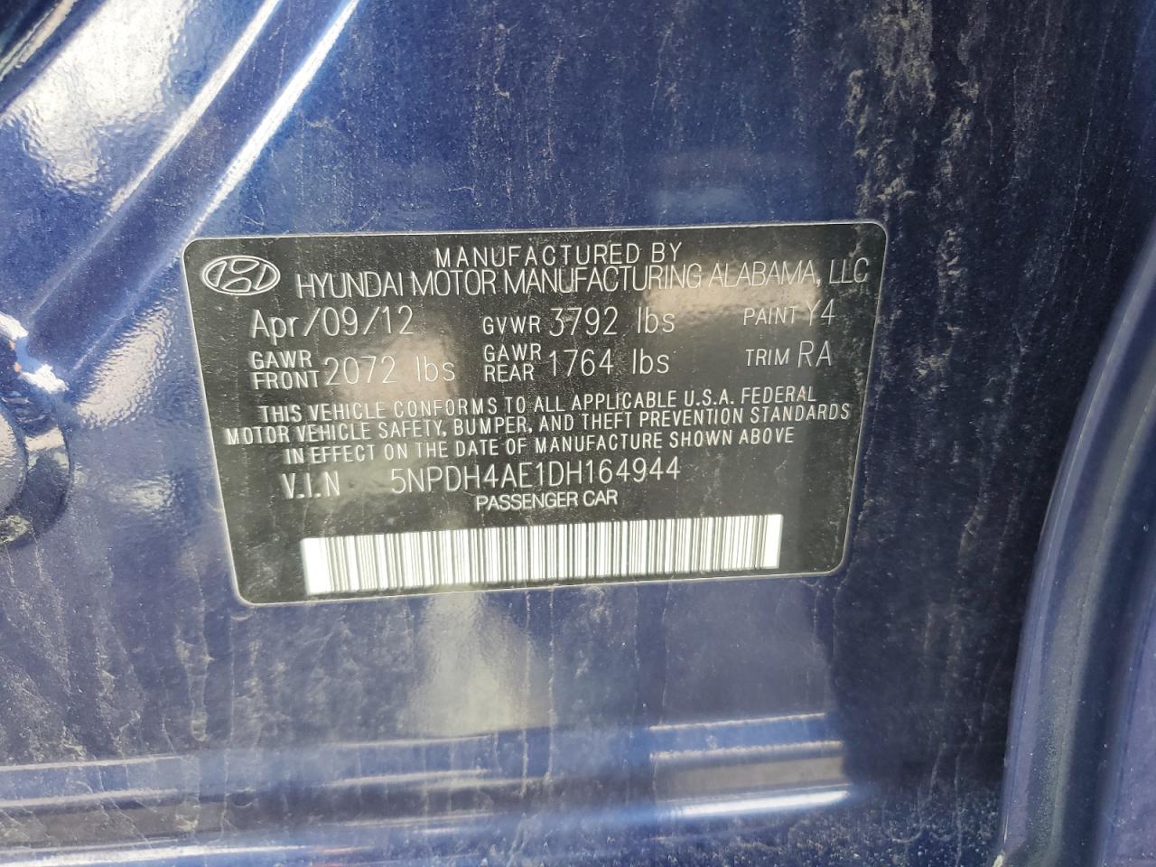 2013 Hyundai Elantra Gls VIN: 5NPDH4AE1DH164944 Lot: 80895395