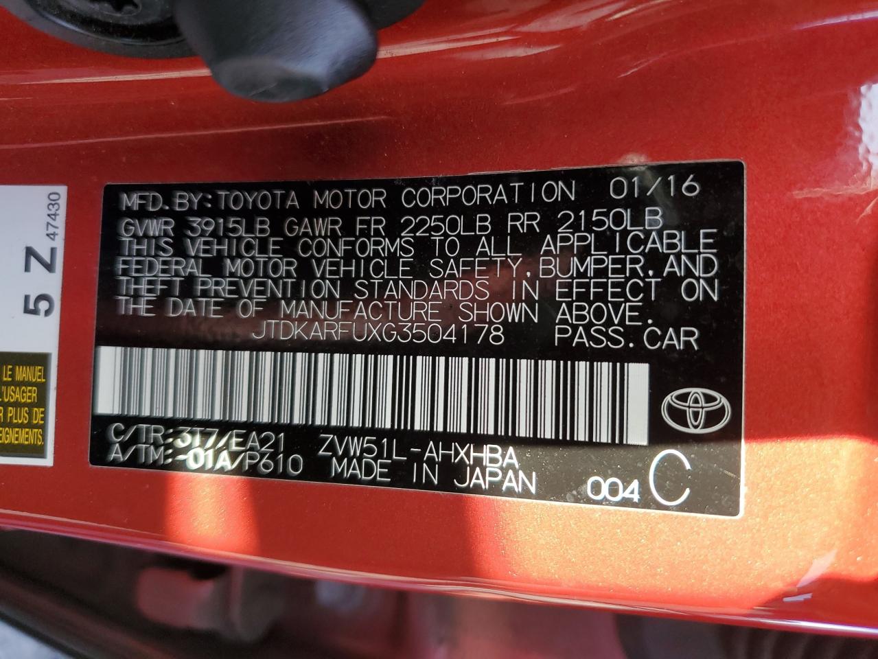 2016 Toyota Prius VIN: JTDKARFUXG3504178 Lot: 85145965