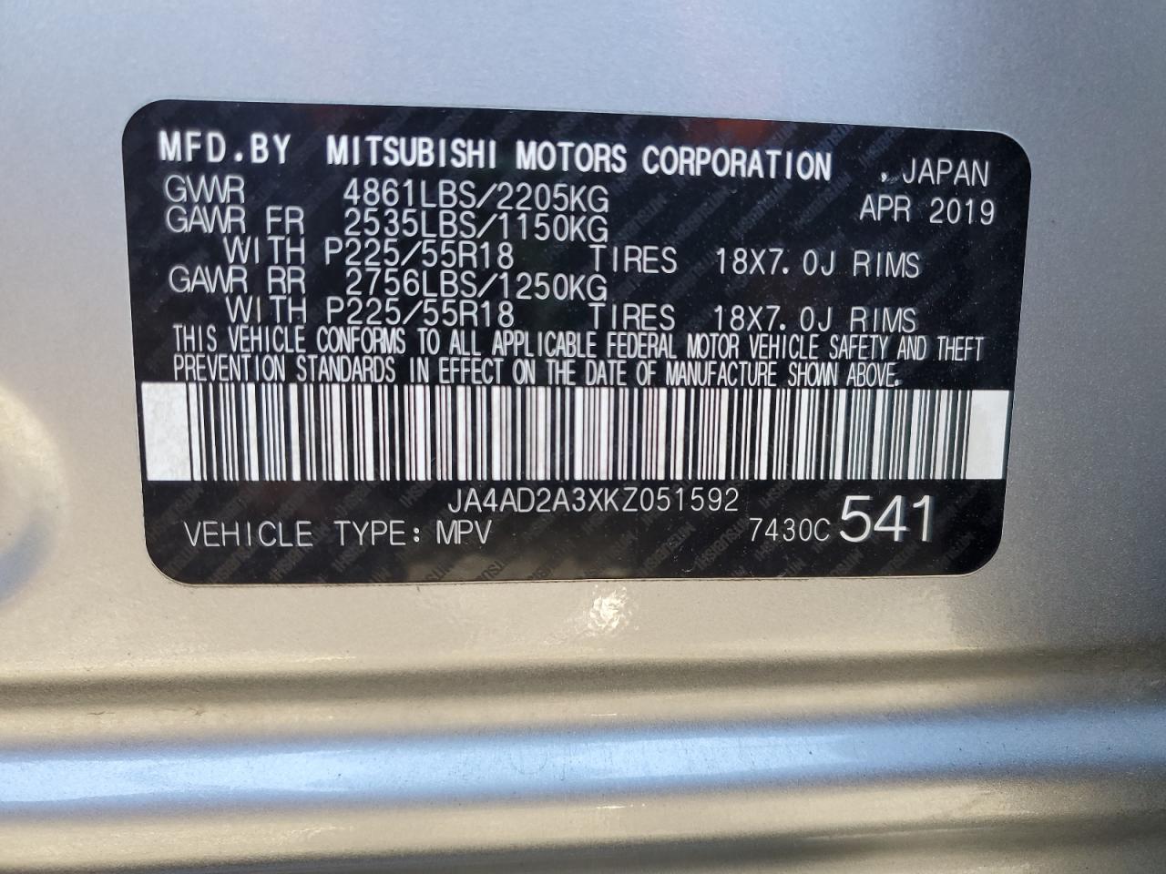 2019 Mitsubishi Outlander Es VIN: JA4AD2A3XKZ051592 Lot: 87292885