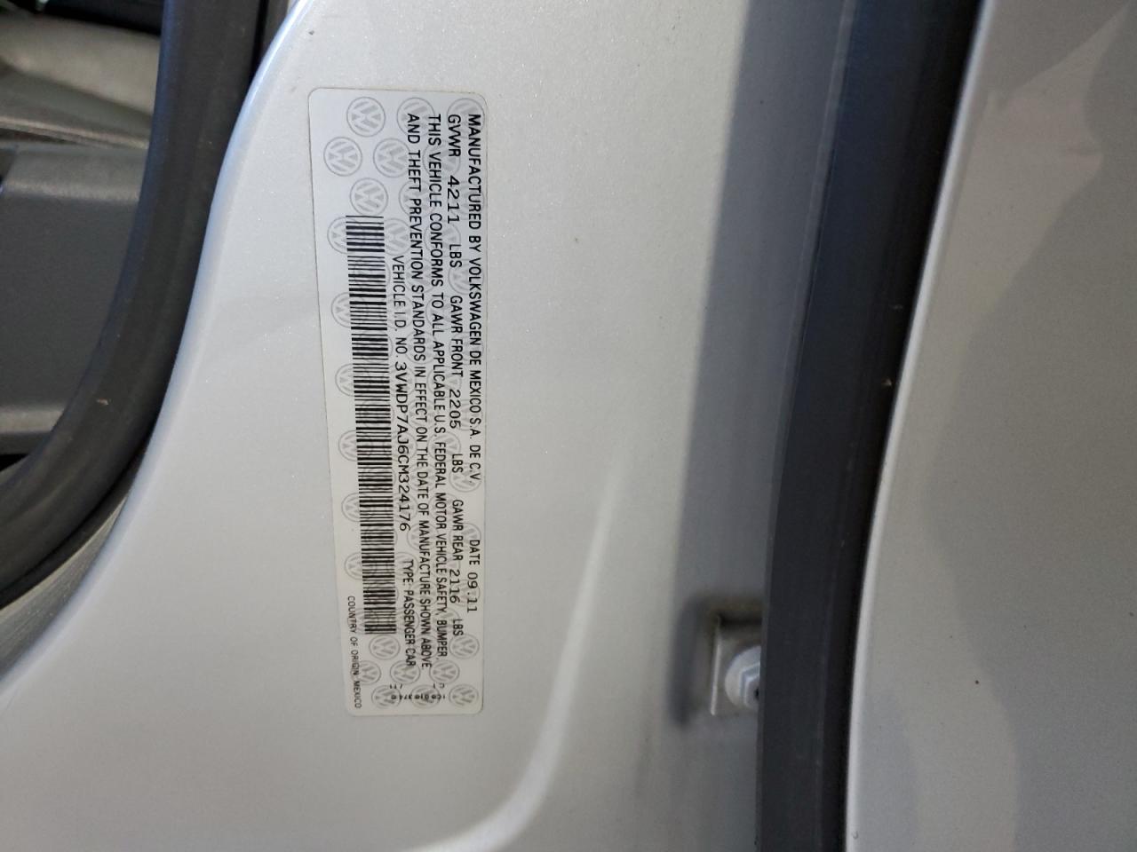 2012 Volkswagen Jetta Se VIN: 3VWDP7AJ6CM324176 Lot: 84970145