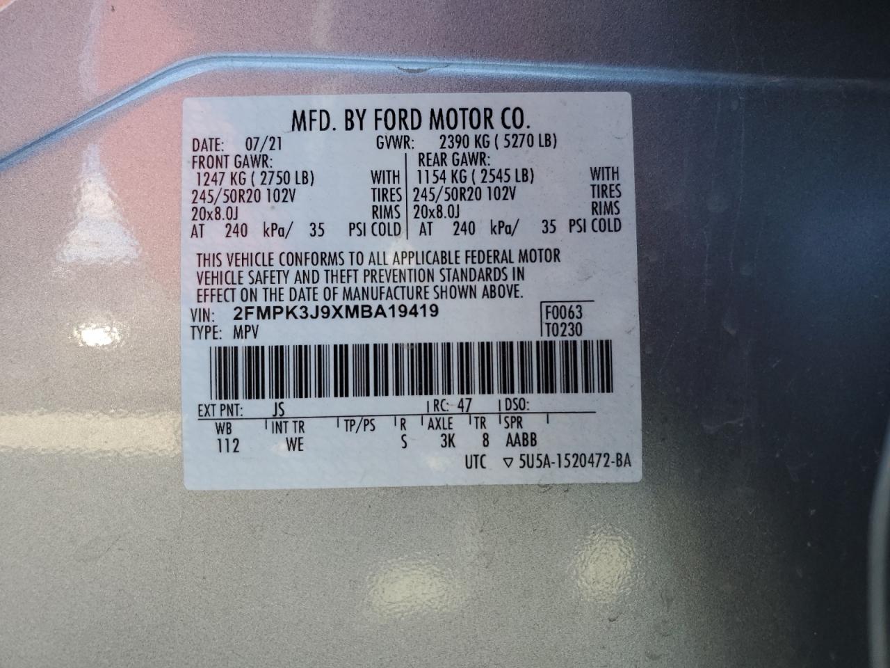 2021 Ford Edge Sel VIN: 2FMPK3J9XMBA19419 Lot: 90983805