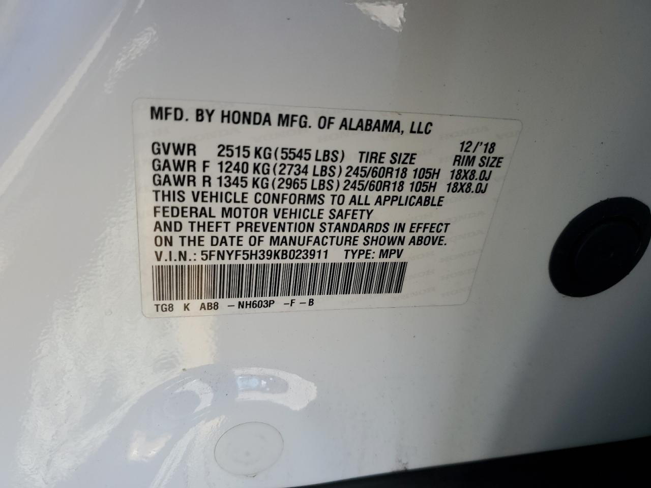 2019 Honda Pilot Ex VIN: 5FNYF5H39KB023911 Lot: 82315295