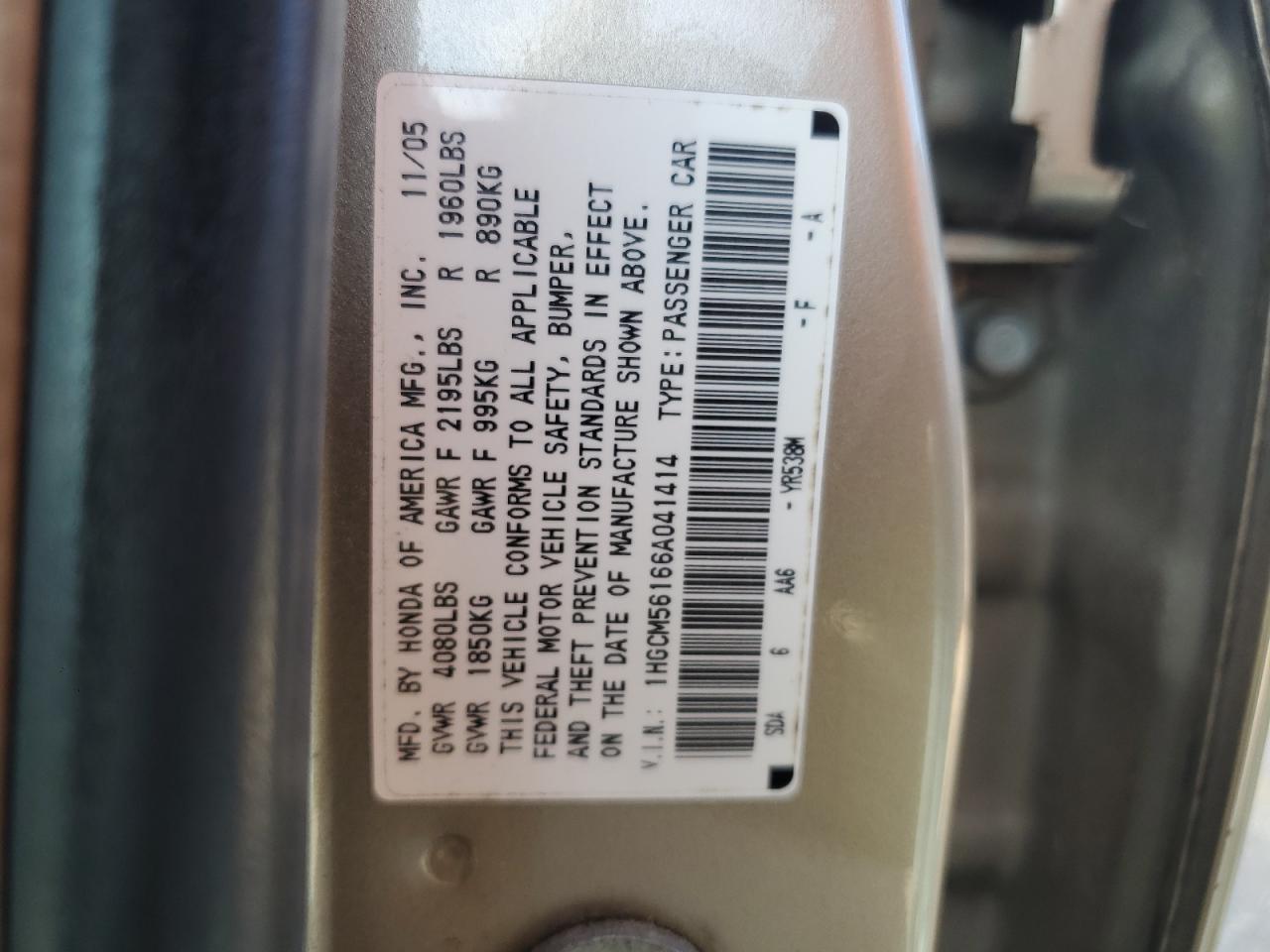 2006 Honda Accord Value VIN: 1HGCM56166A041414 Lot: 82247885