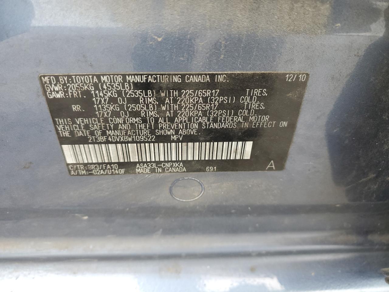 2011 Toyota Rav4 VIN: 2T3BF4DVXBW109522 Lot: 84987315