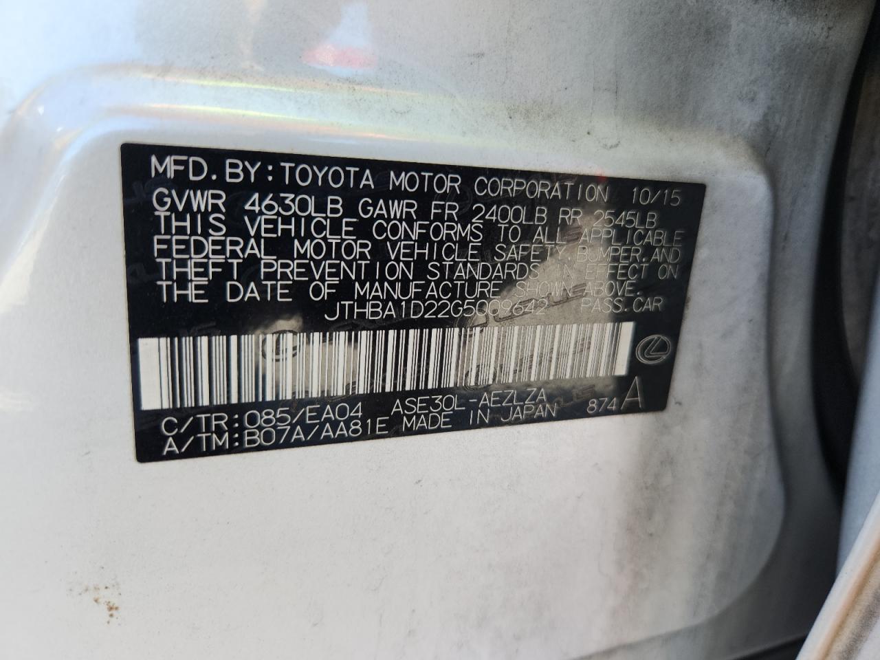 2016 Lexus Is 200T VIN: JTHBA1D22G5009642 Lot: 86972415