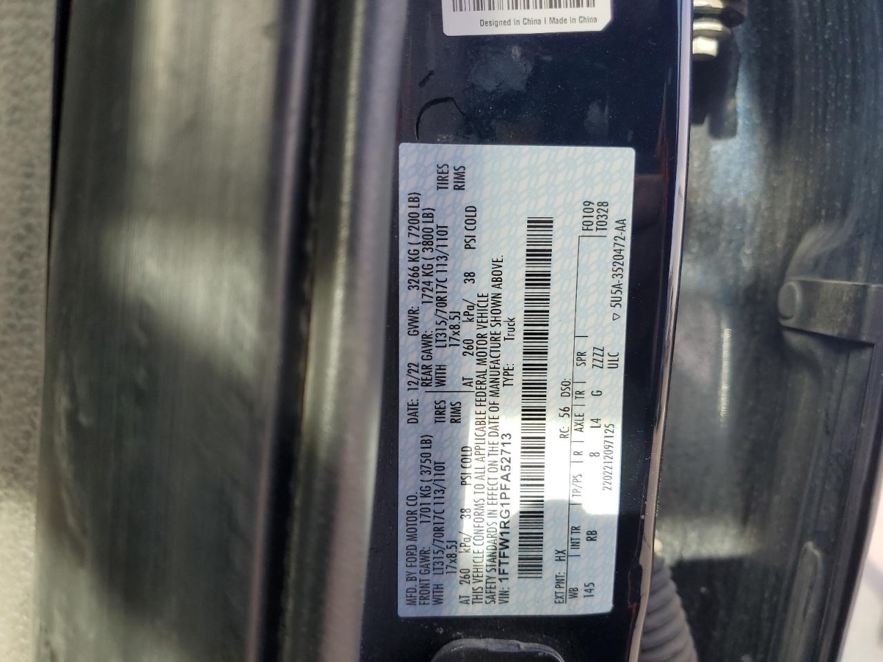 2023 Ford F150 Raptor VIN: 1FTFW1RG1PFA52713 Lot: 89920735