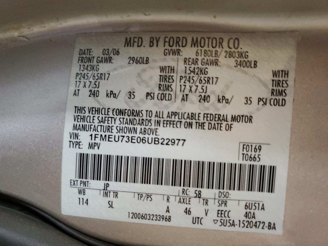 2006 Ford Explorer Xlt VIN: 1FMEU73E06UB22977 Lot: 82424035