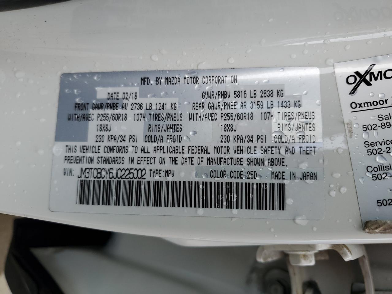 2018 Mazda Cx-9 Touring VIN: JM3TCBCY6J0225002 Lot: 85380495