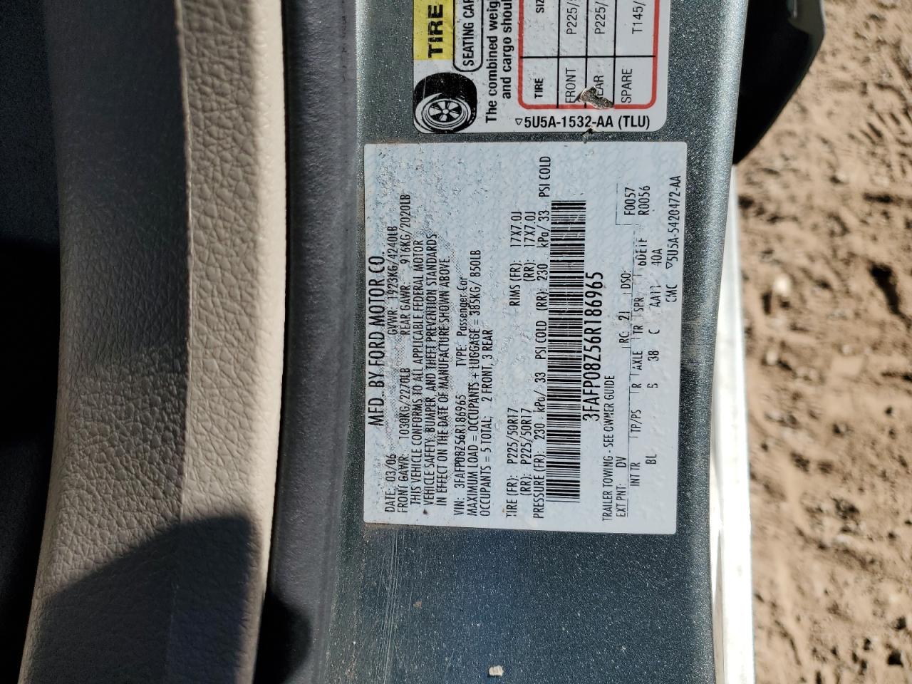 2006 Ford Fusion Sel VIN: 3FAFP08Z56R186965 Lot: 90131235