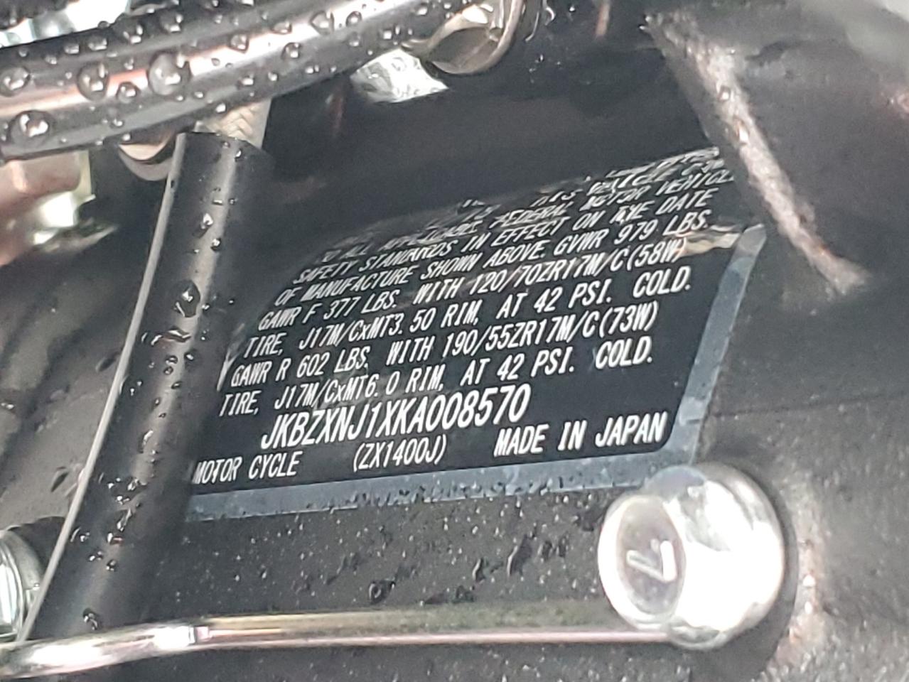 2019 Kawasaki Zx1400 J VIN: JKBZXNJ1XKA008570 Lot: 83953725