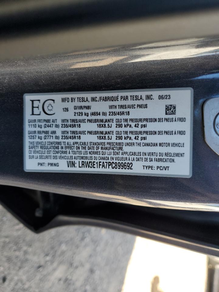 2023 Tesla Model 3 VIN: LRW3E1FA7PC899692 Lot: 89499515