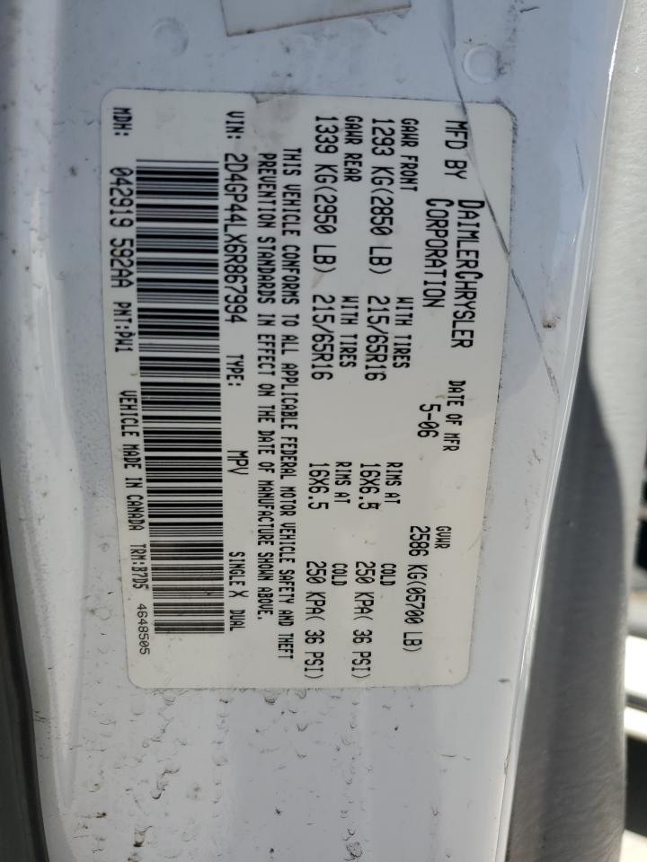 2006 Dodge Grand Caravan Sxt VIN: 2D4GP44LX6R867994 Lot: 87377885