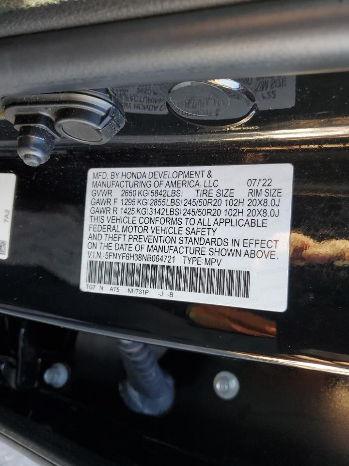 2022 Honda Pilot Sport VIN: 5FNYF6H38NB064721 Lot: 82574575