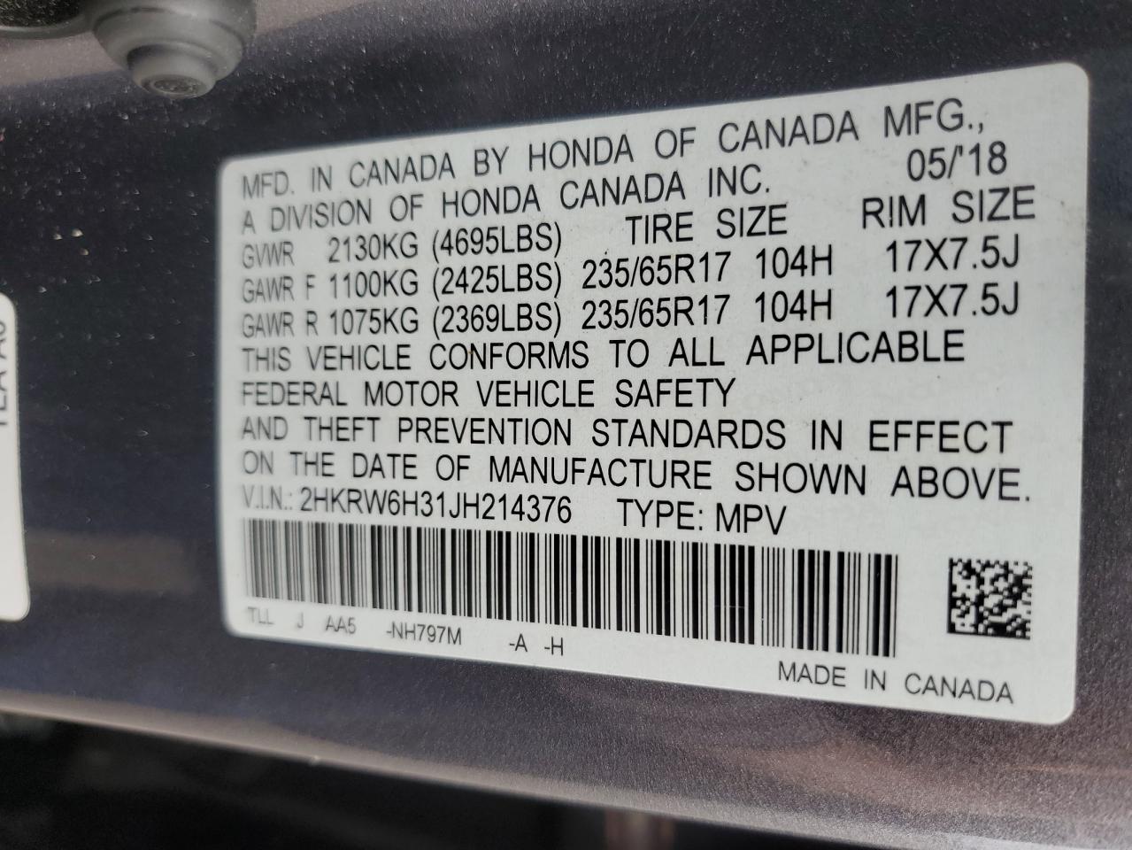 2018 Honda Cr-V Lx VIN: 2HKRW6H31JH214376 Lot: 86145665