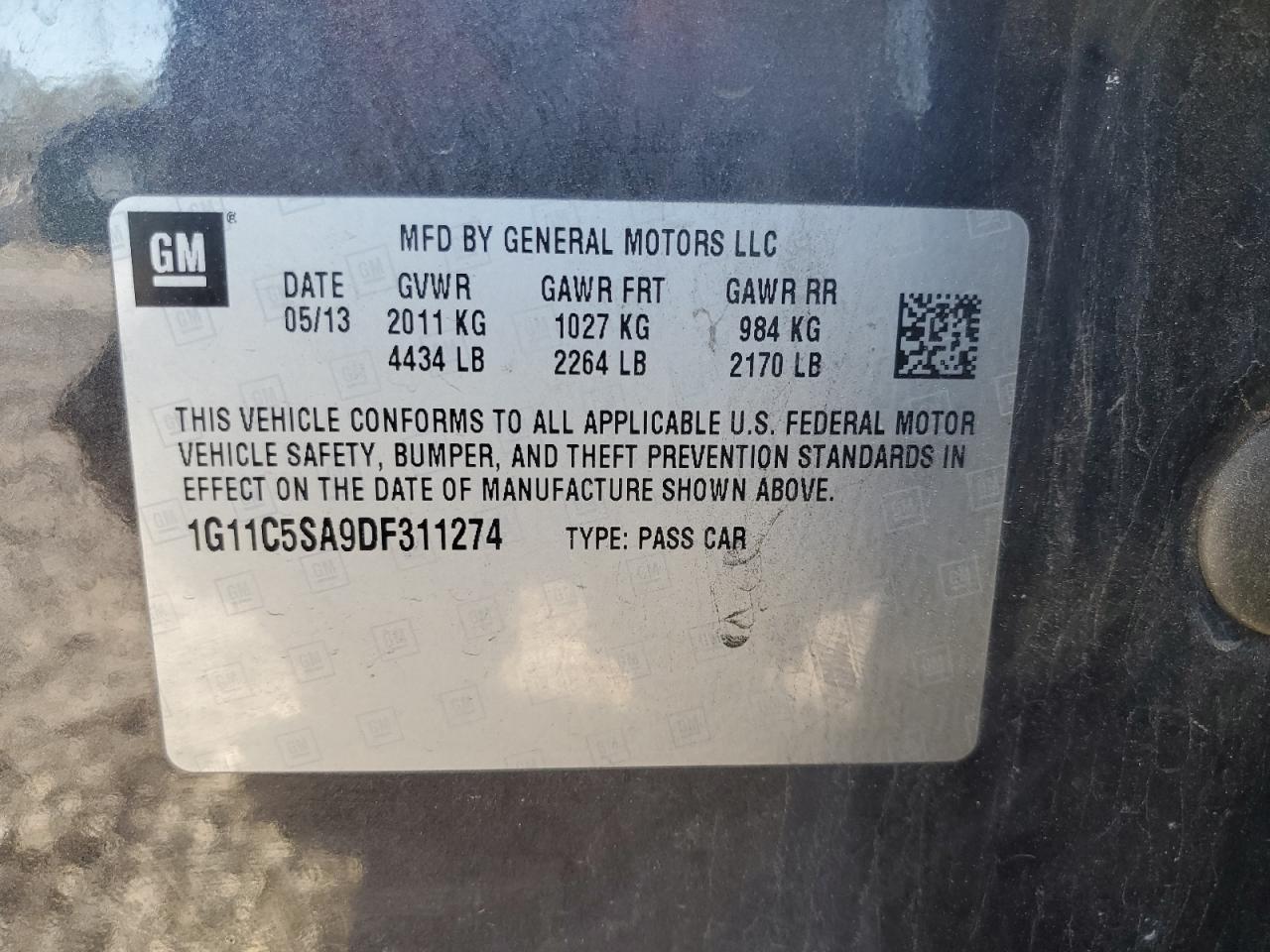 2013 Chevrolet Malibu 1Lt VIN: 1G11C5SA9DF311274 Lot: 85274055