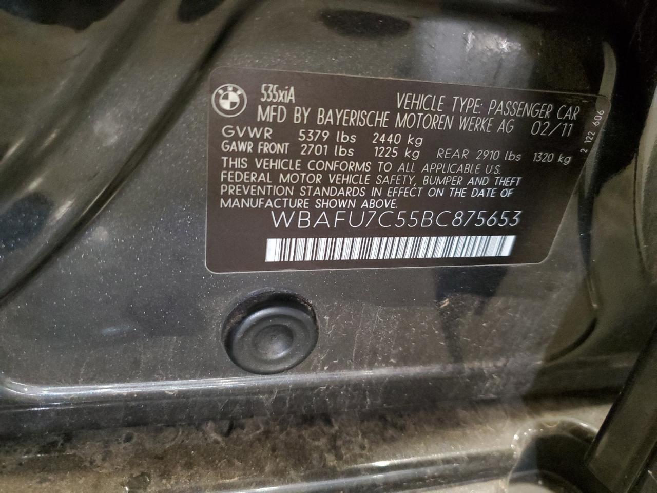 2011 BMW 535 Xi VIN: WBAFU7C55BC875653 Lot: 81918225